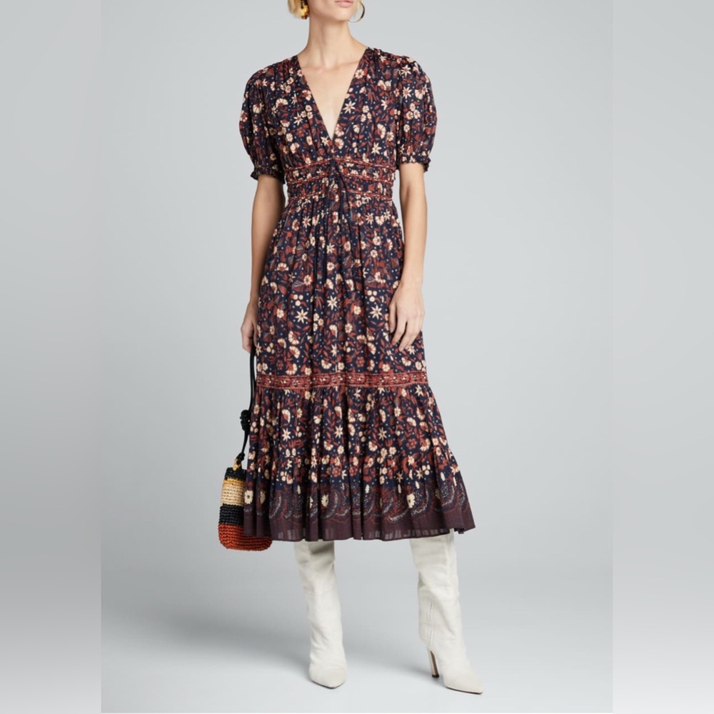 ULLA JOHNSON Zaria Cotton Midi Floral Puff Sleeve Dress Size 6 - Picture 6 of 15